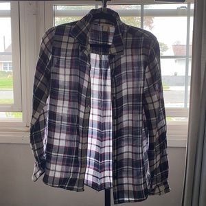 Navy, cranberry and white plaid button down top